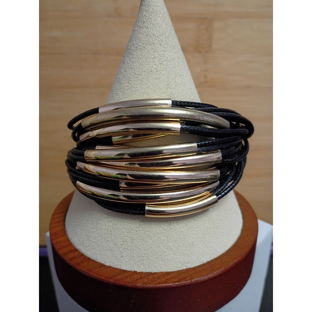 Vintage Stylish Bracelet with Multi-strand Leather Cord through Goldtoned Tubes